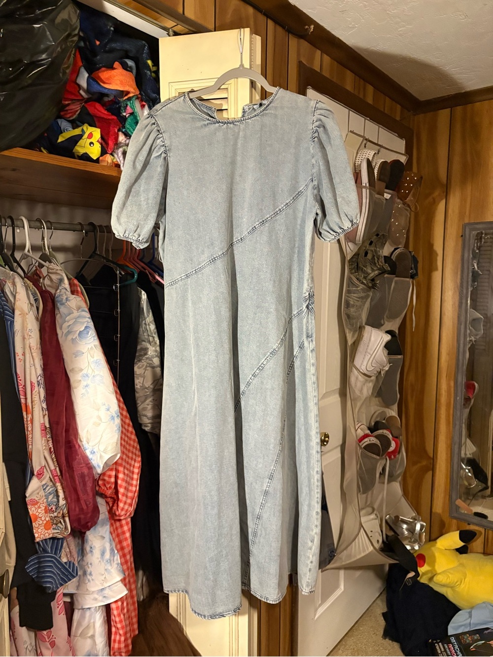 Polagram Light Blue Denim Maxi Dress with Puff Sleeves